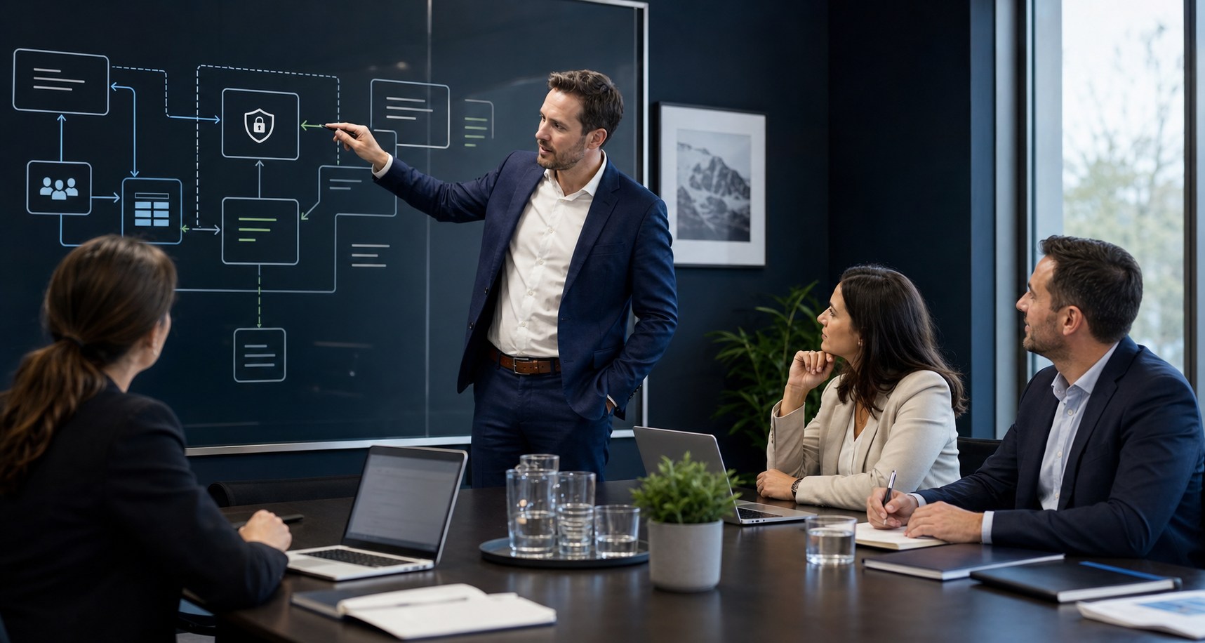 NZCS consultant leading an AI discovery workshop with a secure workflow diagram